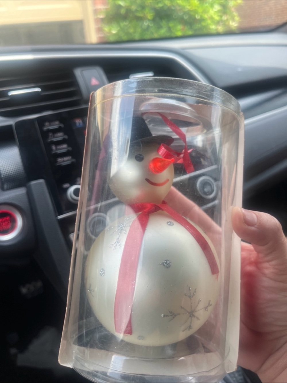 Glass Snowman Ornament with Red Ribbon